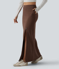 High Waisted French Terry Maxi Casual Cotton Skirt with Pockets