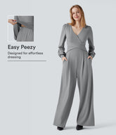 V-neck Puff Long Sleeve Crossover Work Jumpsuit with Pockets-Easy Peezy
