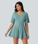 V Neck Short Sleeve Keyhole Back Casual Romper
