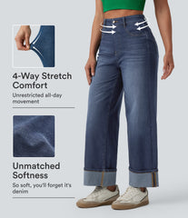 Halara Flex™ High Waisted Tummy Control Rolled Hem Wide Leg Washed Casual Jeans with Pockets