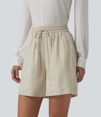 High Waisted Drawstring Stripes Linen Work Baggy Shorts with Pockets