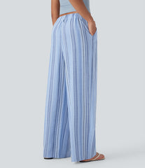 High Waisted Stripe Wide Leg Casual Linen-Feel Pants with Pockets