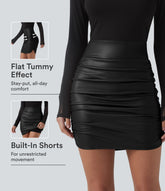 High Waisted Tummy Control Ruched Curved Hem 2-in-1 Fleece PU Mini Bodycon Party Skirt-Longer Length