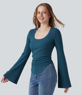 Ribbed Knit Square Neck Flounce Sleeve Ruched Curved Hem Casual T-Shirt