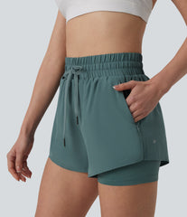 High Waisted Drawstring 2-in-1 Running Shorts with Pockets