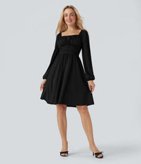Square Neck Long Sleeve Lace Up Corset Tie Back Mini Casual Dress