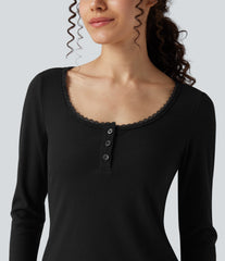 Ribbed Knit Lace Henley Neck Long Sleeve Casual Top