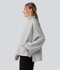 Mock Neck Long Sleeve High Low Casual Sweatshirt with Pocket