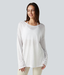 Boat Neck Long Sleeve Sheer Casual Top