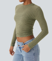 Ribbed Knit Long Sleeve Cropped Casual Top