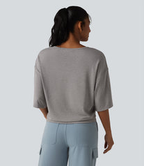 Scoop Neck Half Sleeve Color Block Casual Top