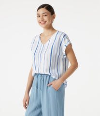 V Neck Cap Sleeve Striped Casual T-Shirt