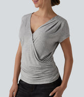 Ribbed V-neck Short Sleeve Snap Button Crossover Ruched Casual Heathered Top