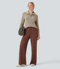 Lapel Long Sleeve Cable Knit Relaxed Fit Work Wool-Blend Sweater