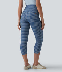 Halara Flex™ High Waisted Tummy Control Split Stripes Denim Casual Capri Leggings with Pockets