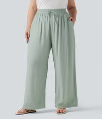 Plus Size High Waisted Drawstring Wide Leg Casual Linen-Blend Pants with Pockets