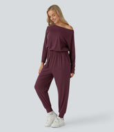Off Shoulder Long Sleeve Pocket Waffle Casual Jumpsuit