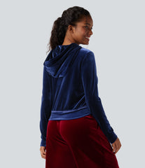 Hooded Drawstring Zipper Long Sleeve Velvet Casual Jacket with Pockets