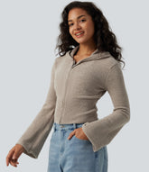 Hooded Flounce Sleeve Zip Fly Casual Cardigan