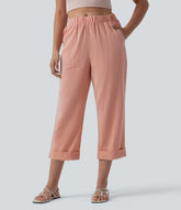 High Waisted Straight Leg Cropped Casual Linen-Feel Pants with Pockets