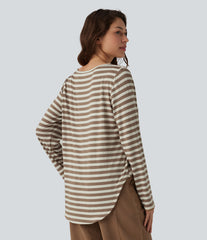 Boat Neck Long Sleeve Curved Hem Stripe Casual T-Shirt