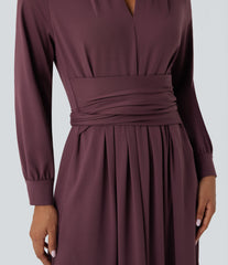 V-neck Long Sleeve Tie Back Midi Work Dress with Pockets