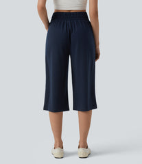 Mid Rise Crossover Wide Leg Capri Casual Pants with Pockets