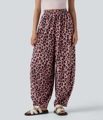 High Waisted Flowy Leopard Print Waffle Casual Baggy Joggers with Pockets