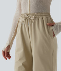 Mid Rise Drawstring Ruched Baggy Stretchy Poplin Casual Parachute Pants with Pockets