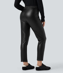 High Waisted Drawstring Stretchy PU Fleece 7/8 Casual Tapered Pants with Pockets