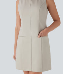 Boat Neck Sleeveless Botton Mini Work Dress with Pockets
