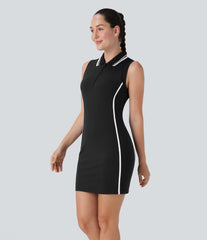 SoftlyZero™ Airy Color Block Polo Zip Sleeveless Bodycon InstantCool Mini Casual Dress-UPF50+