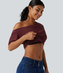 One-shoulder Short Sleeve Ruched Built-in Bra Casual T-Shirt