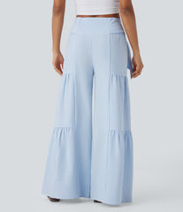 High Waisted Tie Back Shirred Wide Leg Flowy Stripe Casual Pants