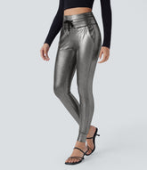 SoftlyZero™ Faux Leather High Waisted Drawstring Pocket Sparkle Foil Print Stretchy Joggers