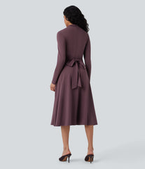 Cut Out Long Sleeve Tie Back Midi Work Dress with Pockets