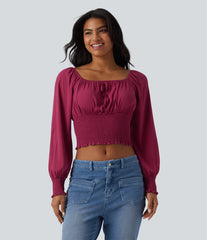 Square Neck Puff Sleeve Shirred Casual Blouse
