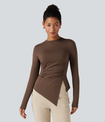 Long Sleeve Ruched Split Hem Casual T-Shirt