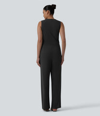 V-neck Sleeveless Pleated Work Jumpsuit with Pockets-Easy Peezy