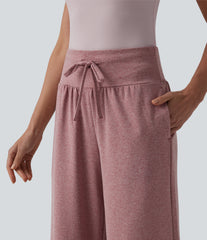 High Waisted Tummy Control Drawstring Wide Leg Casual Pants with Pockets