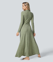 Funnel Neck Long Sleeve Flare Maxi Casual Dress