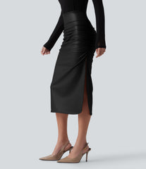High Waisted Tummy Control Ruched Curved Hem 2-in-1 Fleece PU Midi Casual Skirt