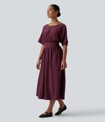 Round Neck Short Sleeve Tie Back Midi Casual Dress with Pockets
