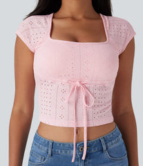 Square Neck Drawstring Eyelet Skinny Cropped Casual Top