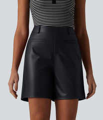 High Waisted Stretchy PU Casual Bermuda Shorts with Pockets