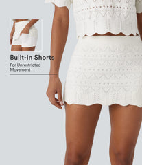 High Waisted 2-in-1 Pocket Open Knit Mini Casual Sweater Skirt