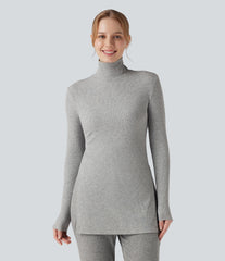 Ribbed Knit High Neck Long Sleeve Casual T-Shirt