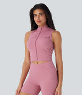 Stand Collar Zipper Ruched Skinny Cropped Waffle Yoga Tank Top