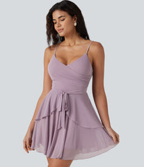 V-neck Tie Mesh Tiered Hem Built-in Bra Mini Bridesmaid And Wedding Guest Slip Dress