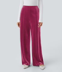 High Waisted Pocket Wide Leg Velvet Casual Pants